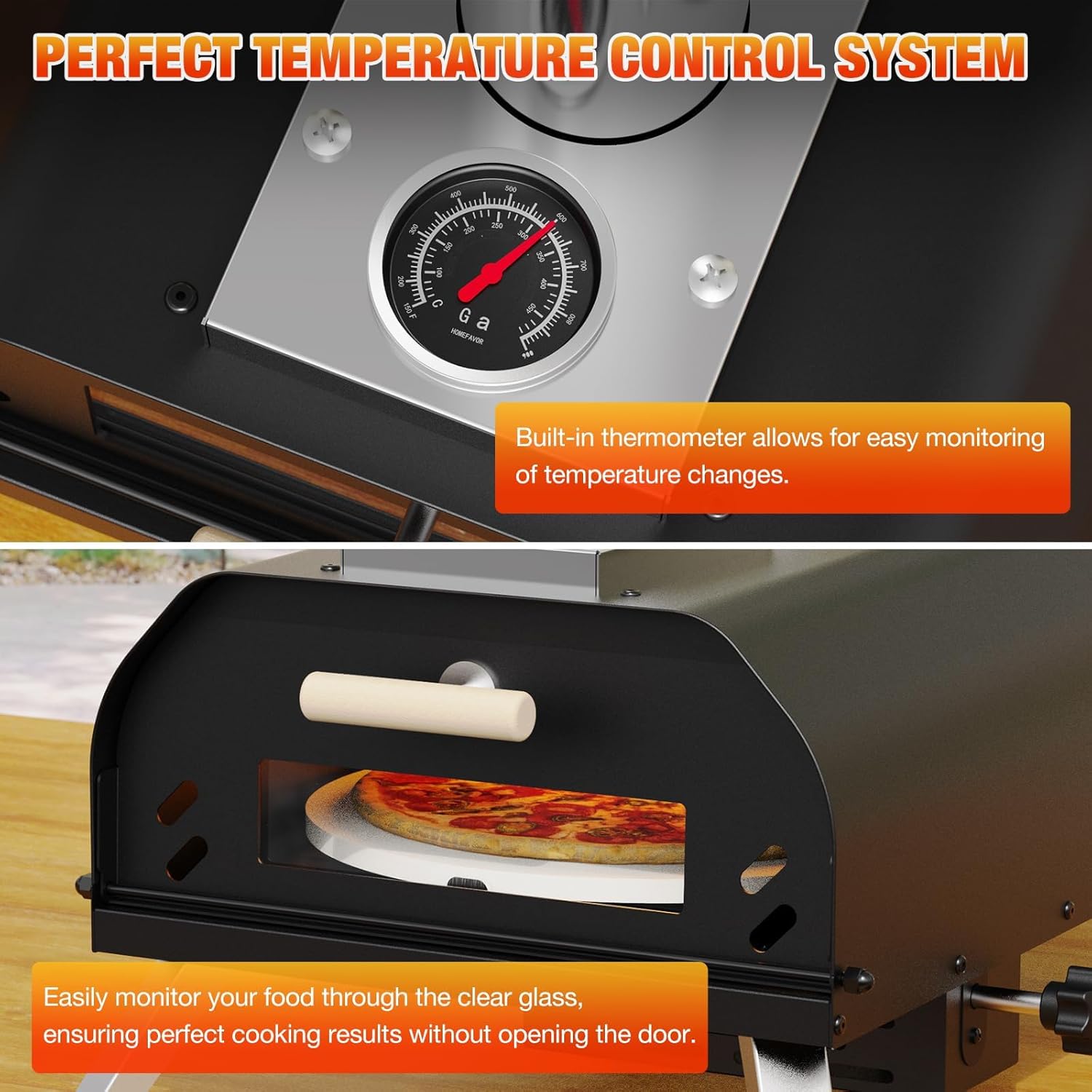 Built-in thermometer and flame-view window